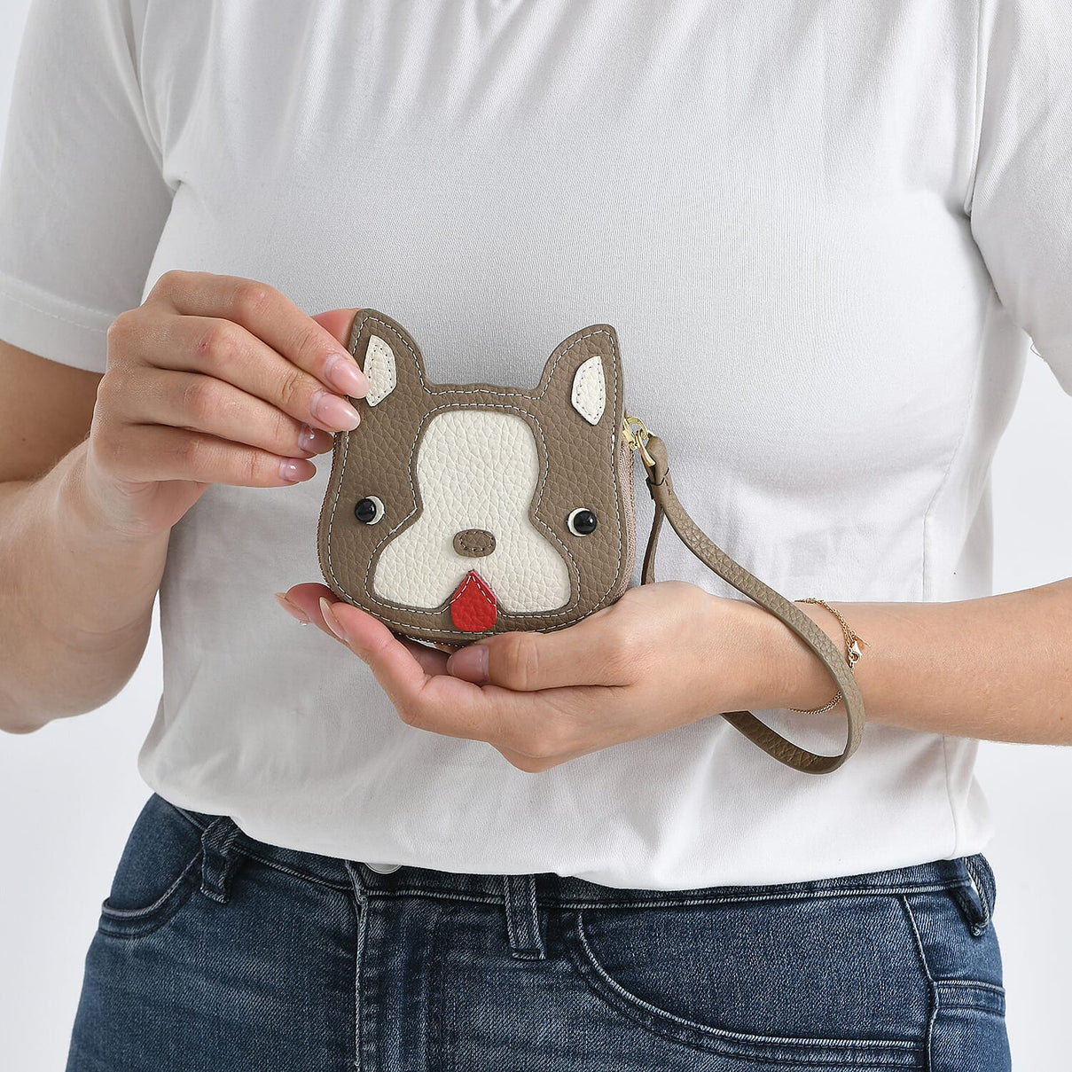 Genuine Leather RFID- Blocking Boston Terrier Wallet with Clasp - Khaki V32374292 4