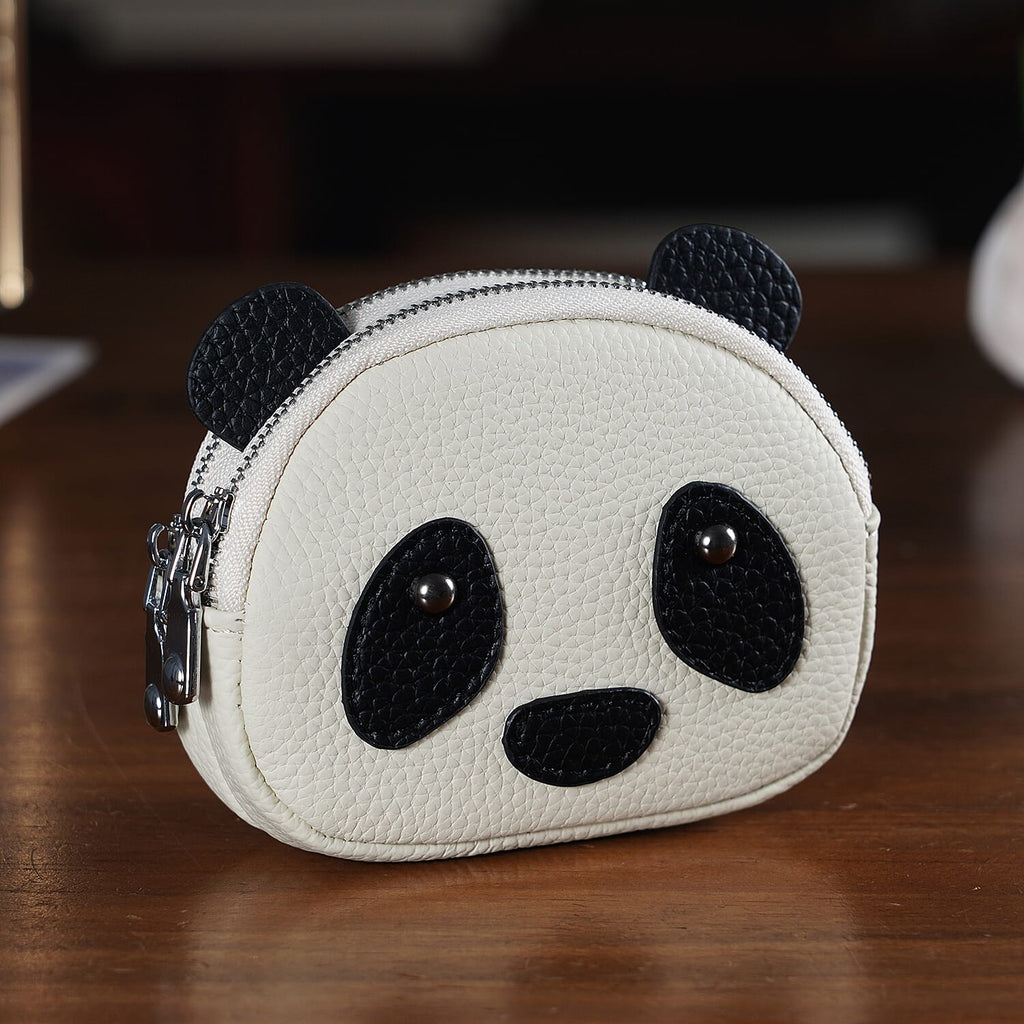 Genuine Leather Panda Print Pattern Wallet with Dual Zip (Size 12x4x10 cm) - Off White