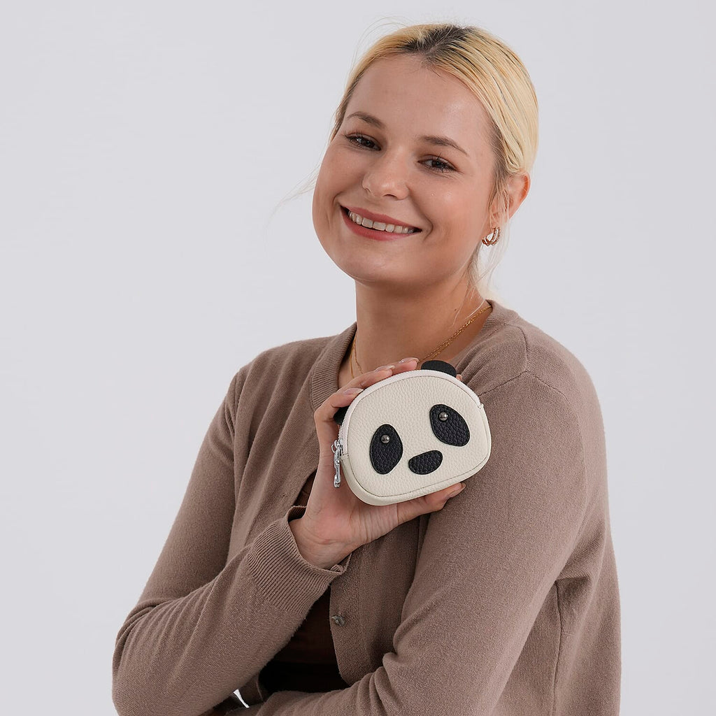 Genuine Leather Panda Print Pattern Wallet with Dual Zip (Size 12x4x10 cm) - Off White