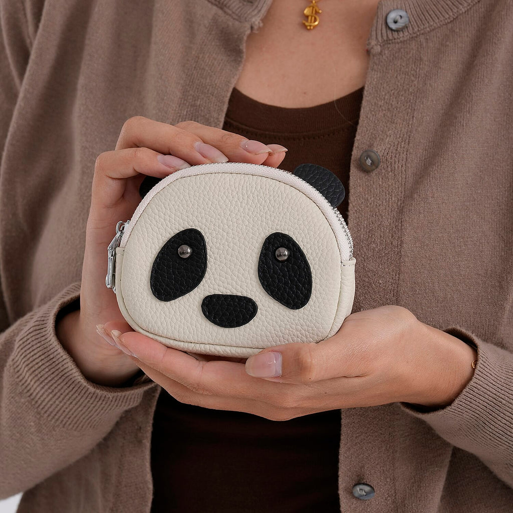 Genuine Leather Panda Print Pattern Wallet with Dual Zip (Size 12x4x10 cm) - Off White