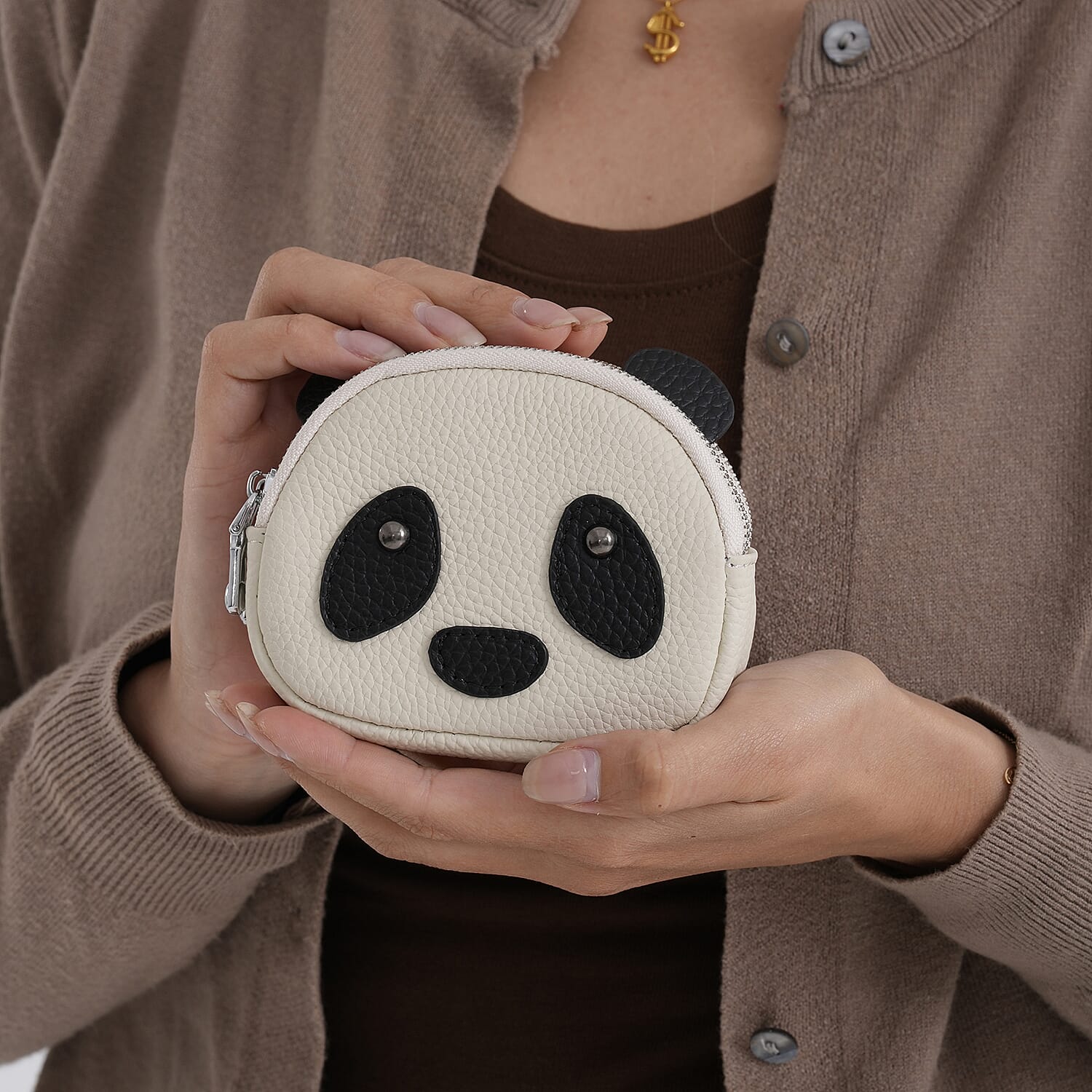 Genuine Leather Panda Print Pattern Wallet with Dual Zip (Size 12x4x10 cm) - Off White 8411768 4