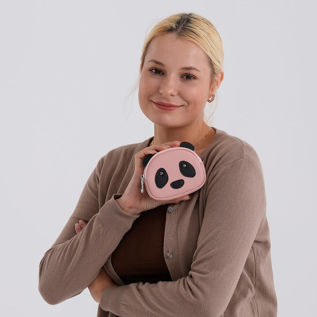 Genuine Leather Panda Print Pattern Wallet with Dual Zip (Size 12x4x10 cm) - Pink 8411767 3