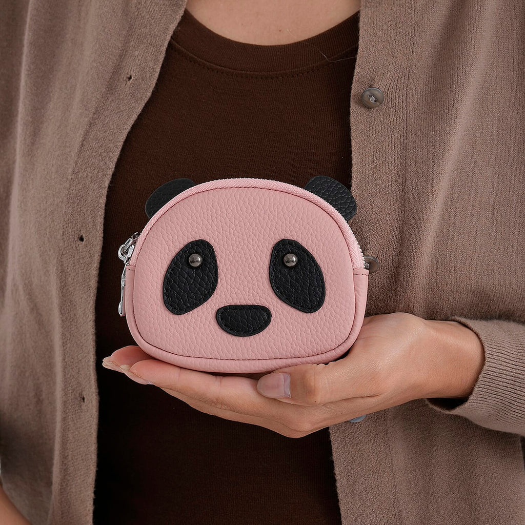 Genuine Leather Panda Print Pattern Wallet with Dual Zip (Size 12x4x10 cm) - Pink