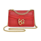 Designer Inspired - Genuine Leather Pleated Pattern Crossbody bag with Long Shoulder Chain Strap - Red