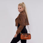Designer Inspired 100% Genuine Leather Crossbody Duffle Bag - Brown