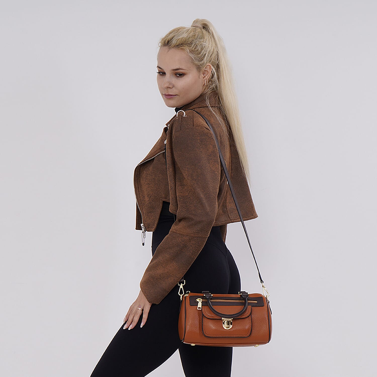 Leather Flat Grain Pattern Crossbody Bag - Brown 7700403 1
