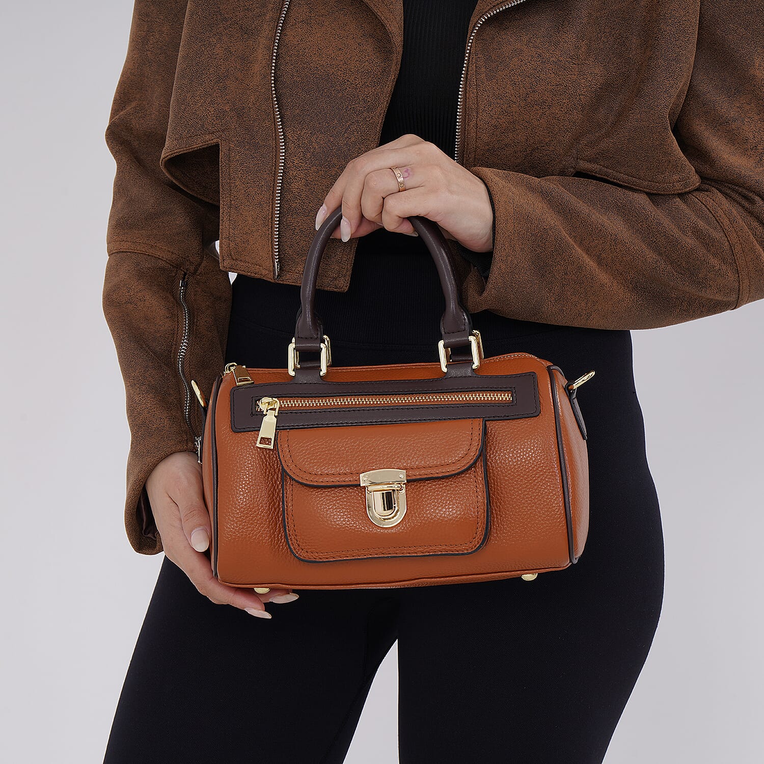 Leather Flat Grain Pattern Crossbody Bag - Brown 7700403 2