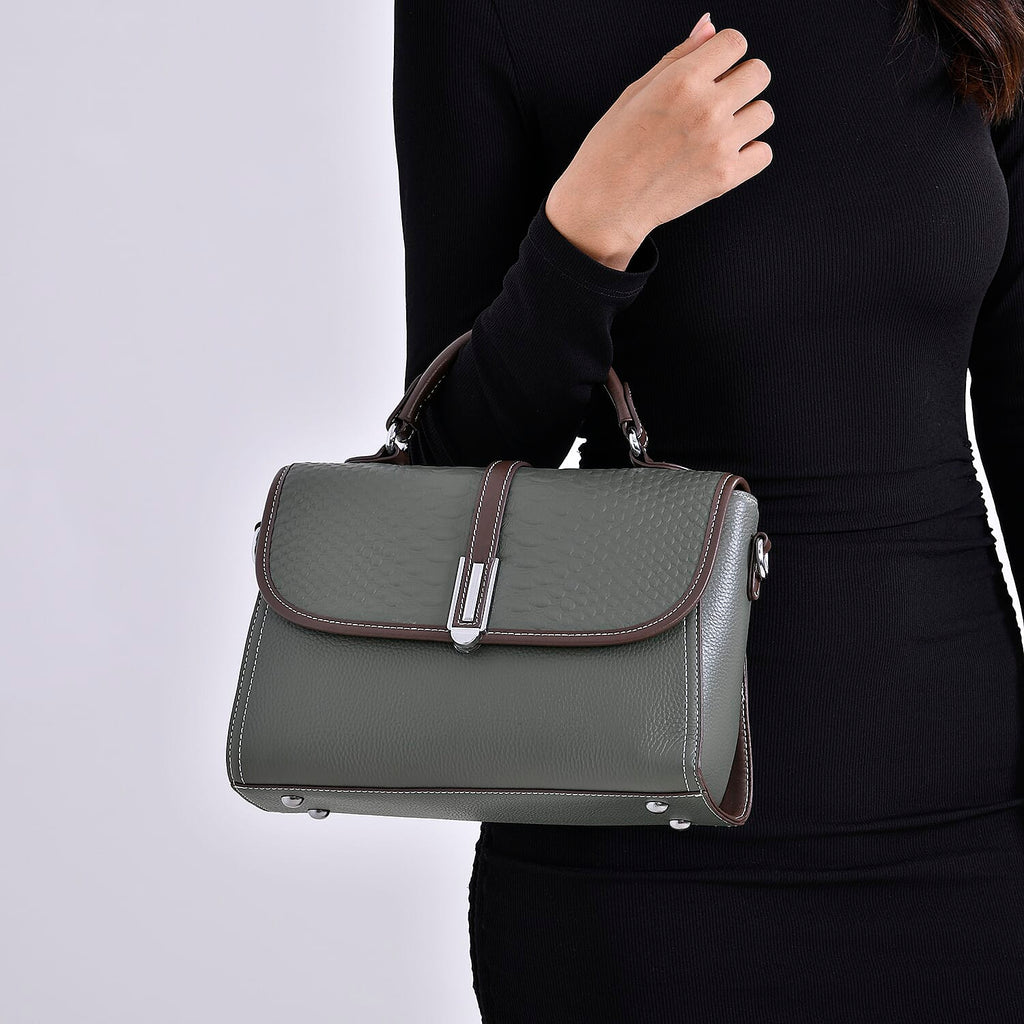 Leather Snakeskin Crossbody Bag (Size 26x12x22 cm) - Olive & Tan