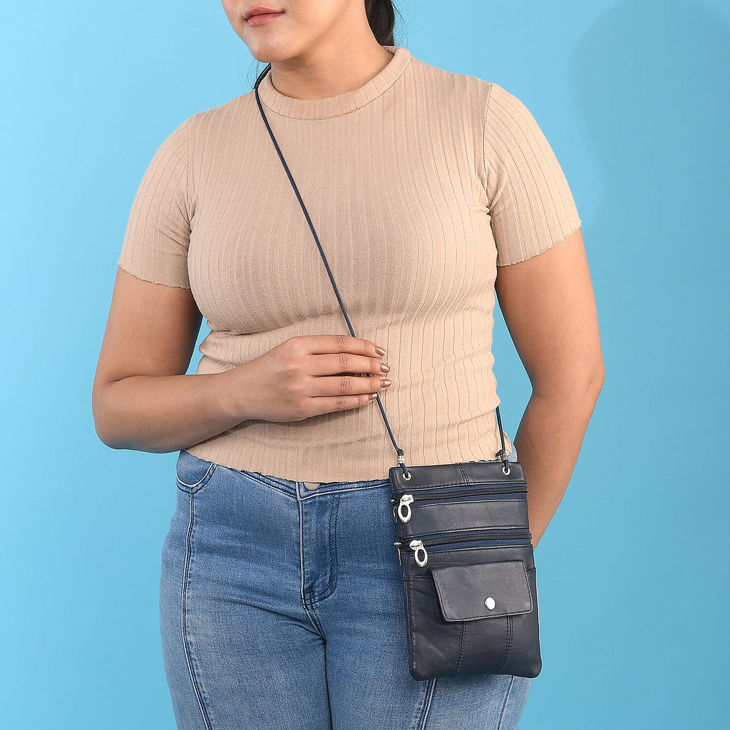 100% Genuine Leather Crossbody Bag - Navy