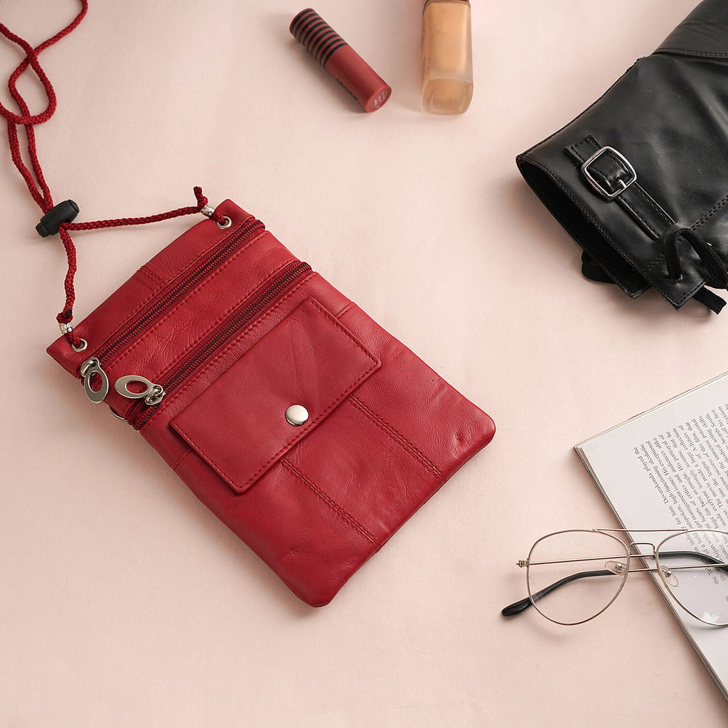 100% Genuine Leather Crossbody Bag - Red