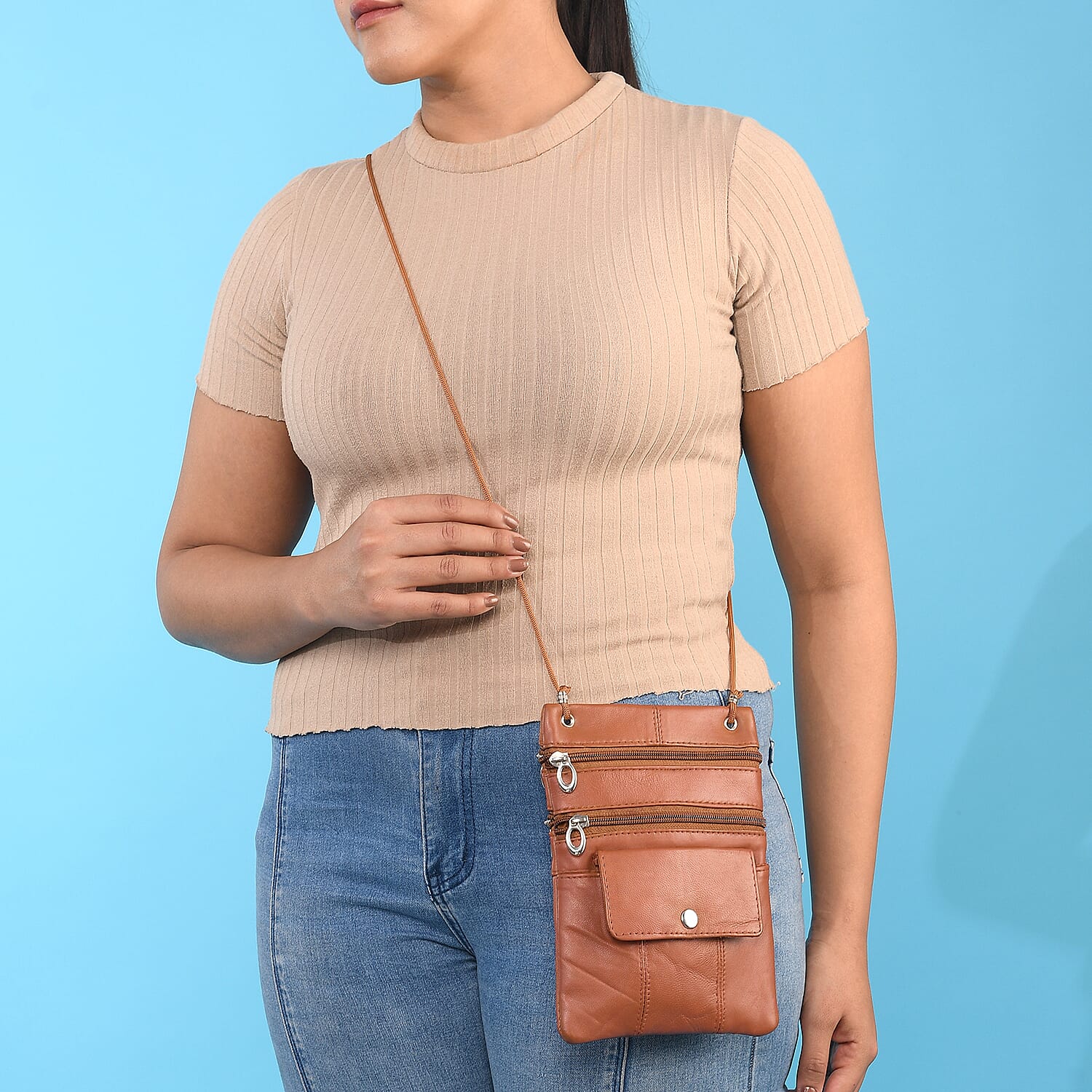 100% Genuine Leather Crossbody Bag - Tan 7210706 1