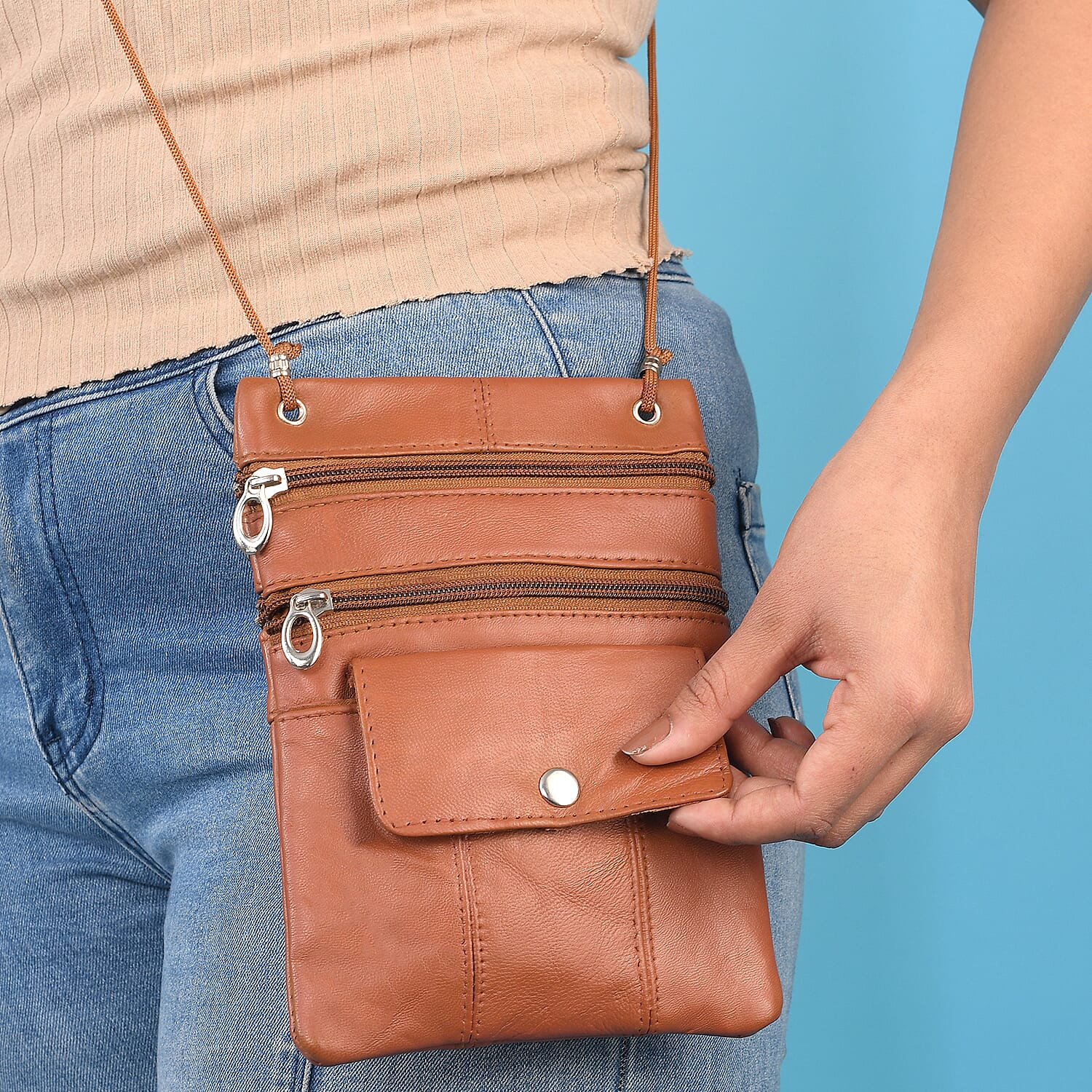 100% Genuine Leather Crossbody Bag - Tan 7210706 2