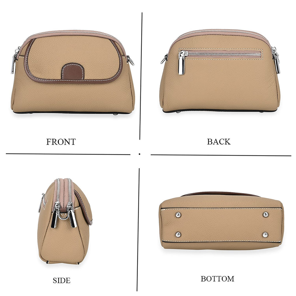 Genuine Leather Sling Crossbody Bag With Adjustable Shoulder Strap - Khaki
