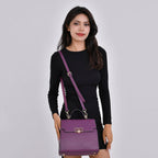 Designer Inspired - 100% Genuine Leather Solid Crossbody Satchel Bag with Adjustable Shoulder Strap (Size 26x11x22 cm) - Purple