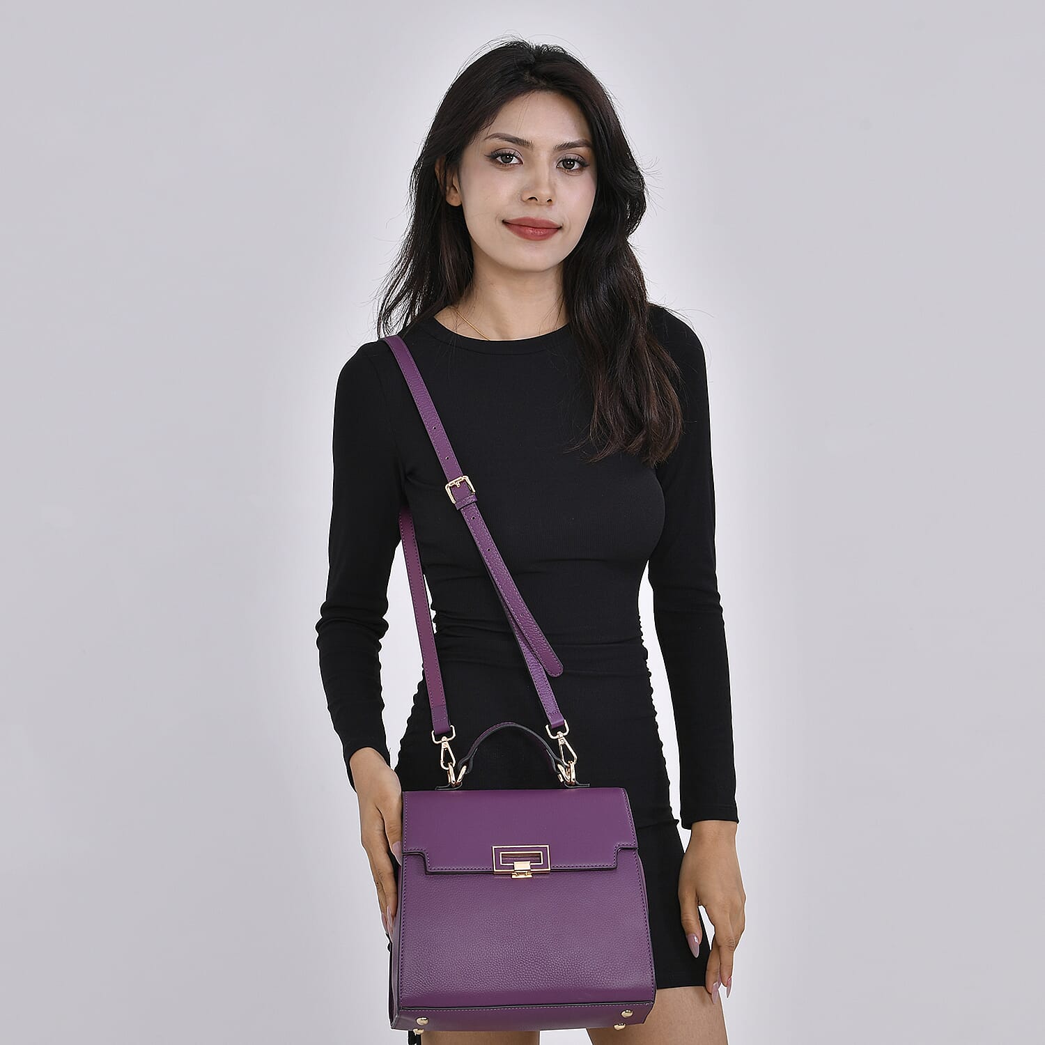 Designer Inspired - 100% Genuine Leather Solid Crossbody Satchel Bag with Adjustable Shoulder Strap (Size 26x11x22 cm) - Purple 7734222 1