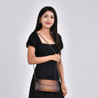 Designer Inspired - Embossed Genuine Leather Crossbody Bag With Long Chain - Brown