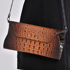 Designer Inspired - Embossed Genuine Leather Crossbody Bag With Long Chain - Brown
