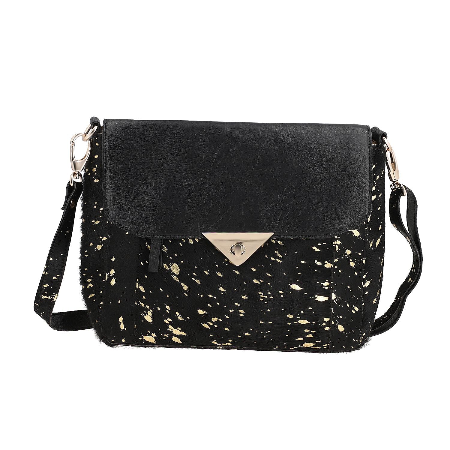 100% Genuine Leather Cowhide with Golden Foil Printing Crossbody Bag - Golden &amp; Black 7254174 0