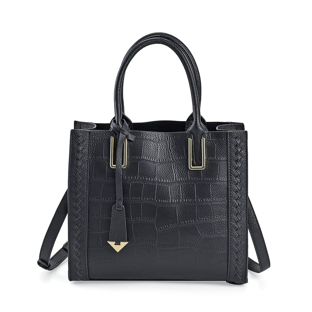 Genuine Leather Crocodile Embossed Crossbody Bag with Handle Drop - Black 7622962 0