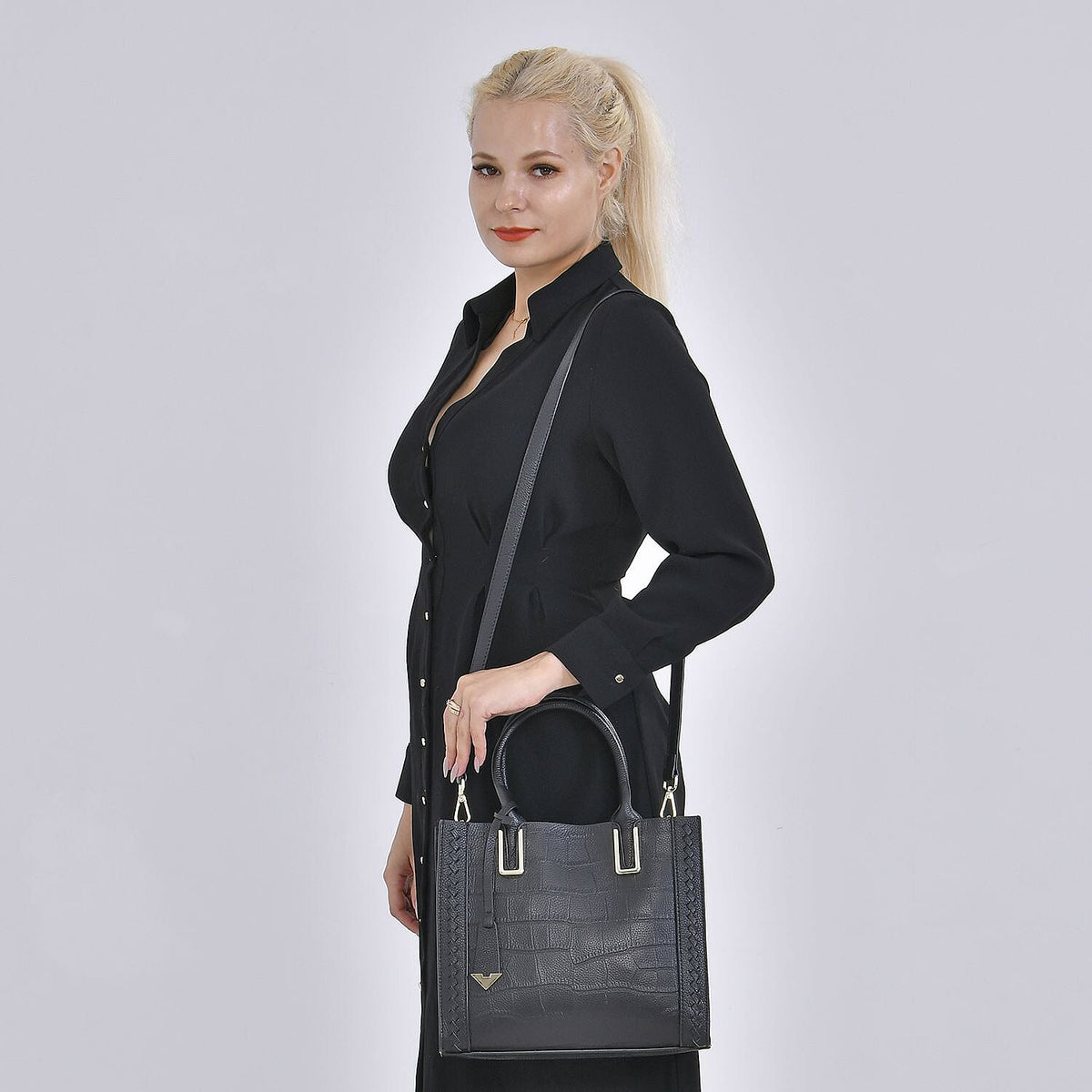 Genuine Leather Crocodile Embossed Crossbody Bag with Handle Drop - Black 7622962 2
