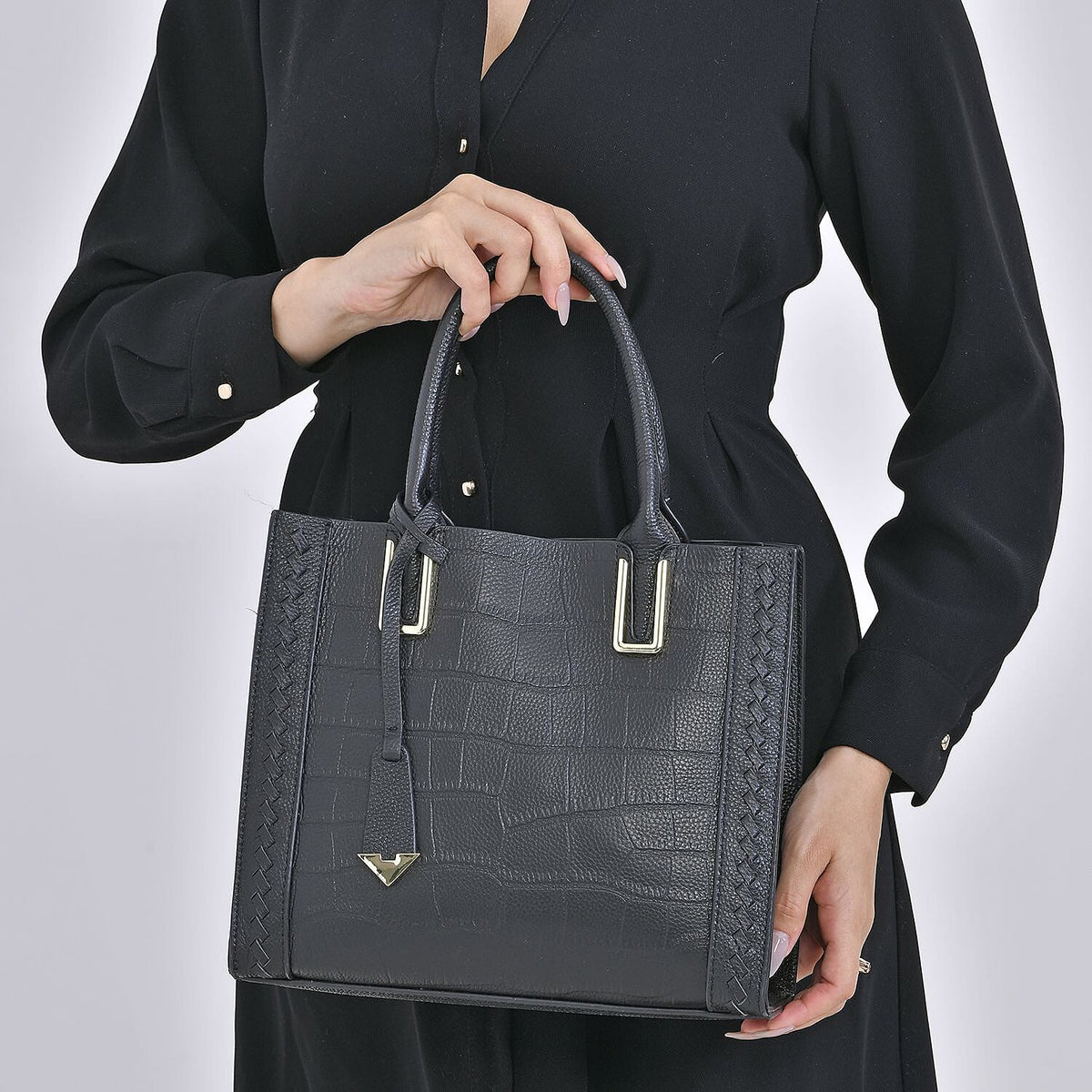 Genuine Leather Crocodile Embossed Crossbody Bag with Handle Drop - Black 7622962 3