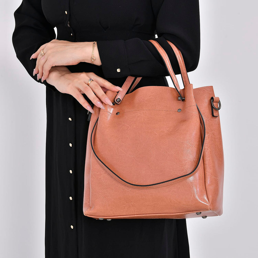 100% Genuine Leather Convertible Bag with Handle Drop & Deteachable Long Strap (120cm) - Pink