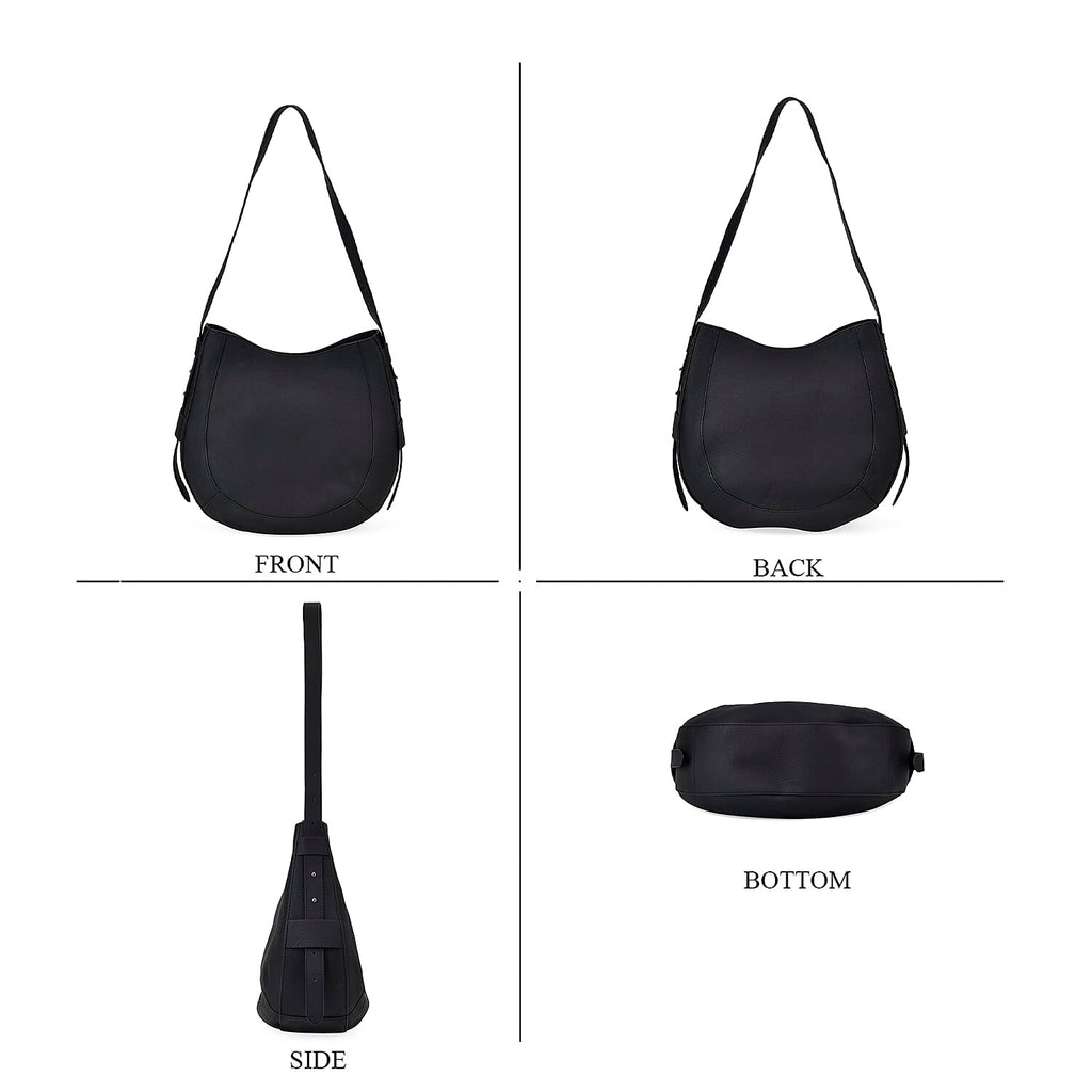 100% Genuine Leather U-shaped Crossbody Bag with Zipped Closure & Adjustable shoulder Strap - Black