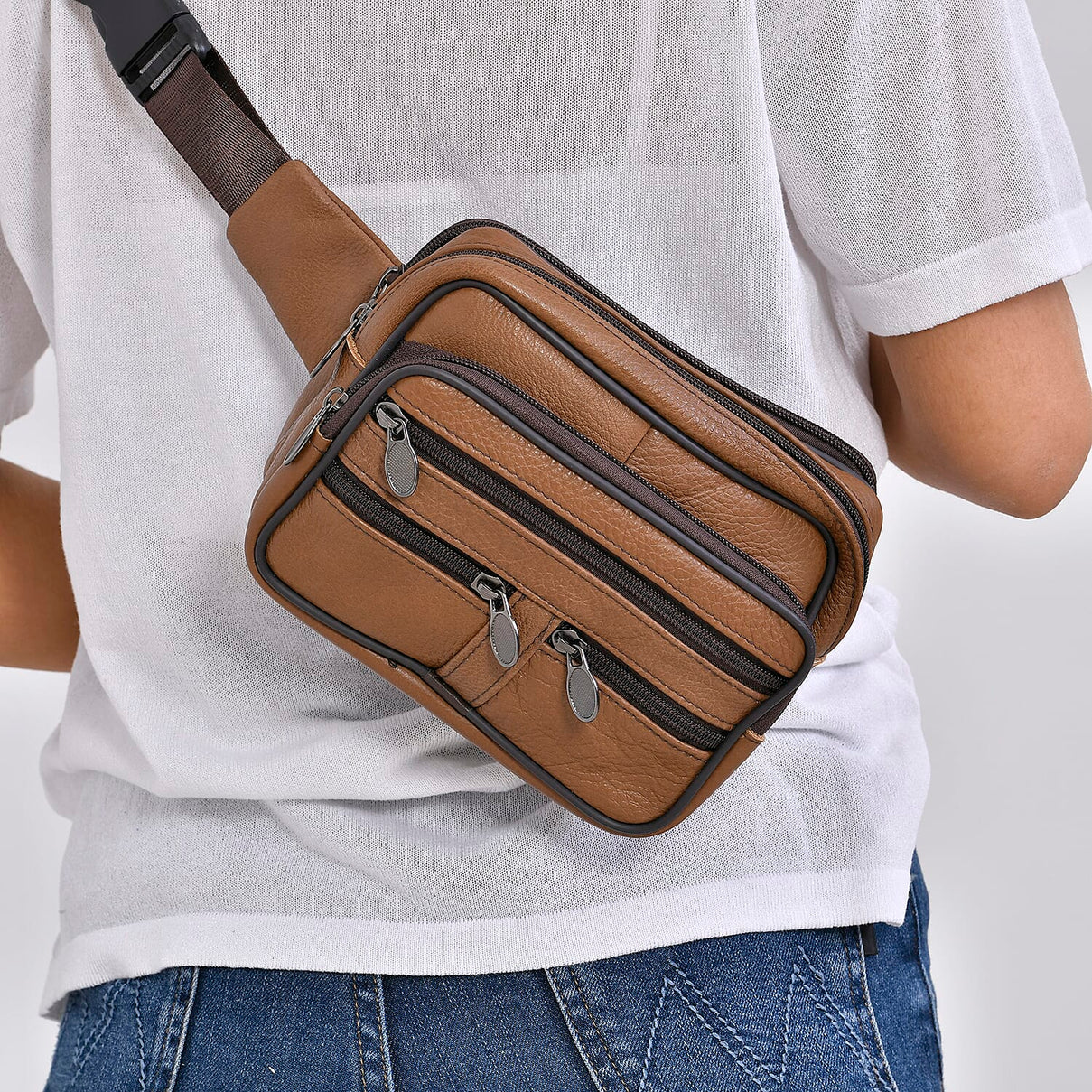 Genuine Leather Weave Waist Bag - Brown 7700615 3