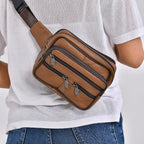 Genuine Leather Weave Waist Bag - Brown