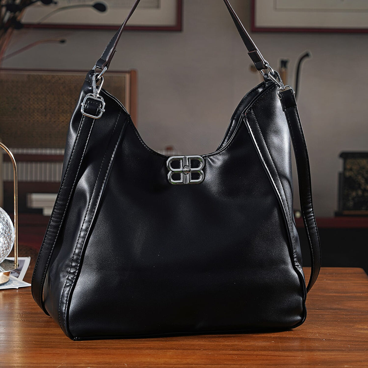 Leatherette Hobo Bag with Adjustable Shoulder Strap - Black 8224326 2