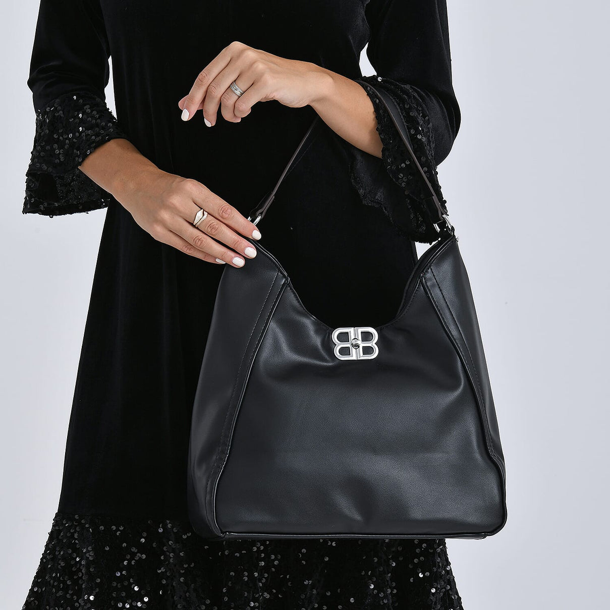 Leatherette Hobo Bag with Adjustable Shoulder Strap - Black 8224326 4