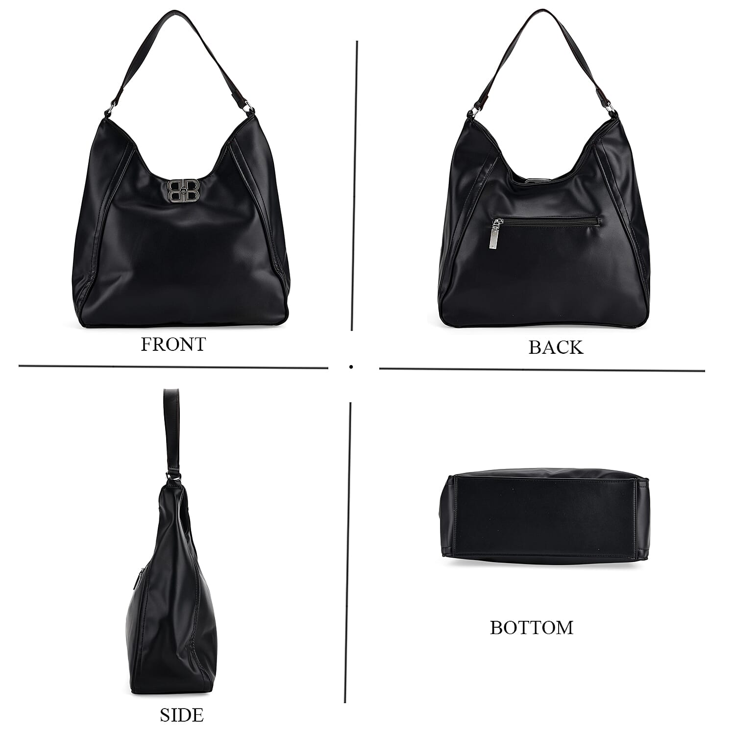 Leatherette Hobo Bag with Adjustable Shoulder Strap - Black 8224326 5