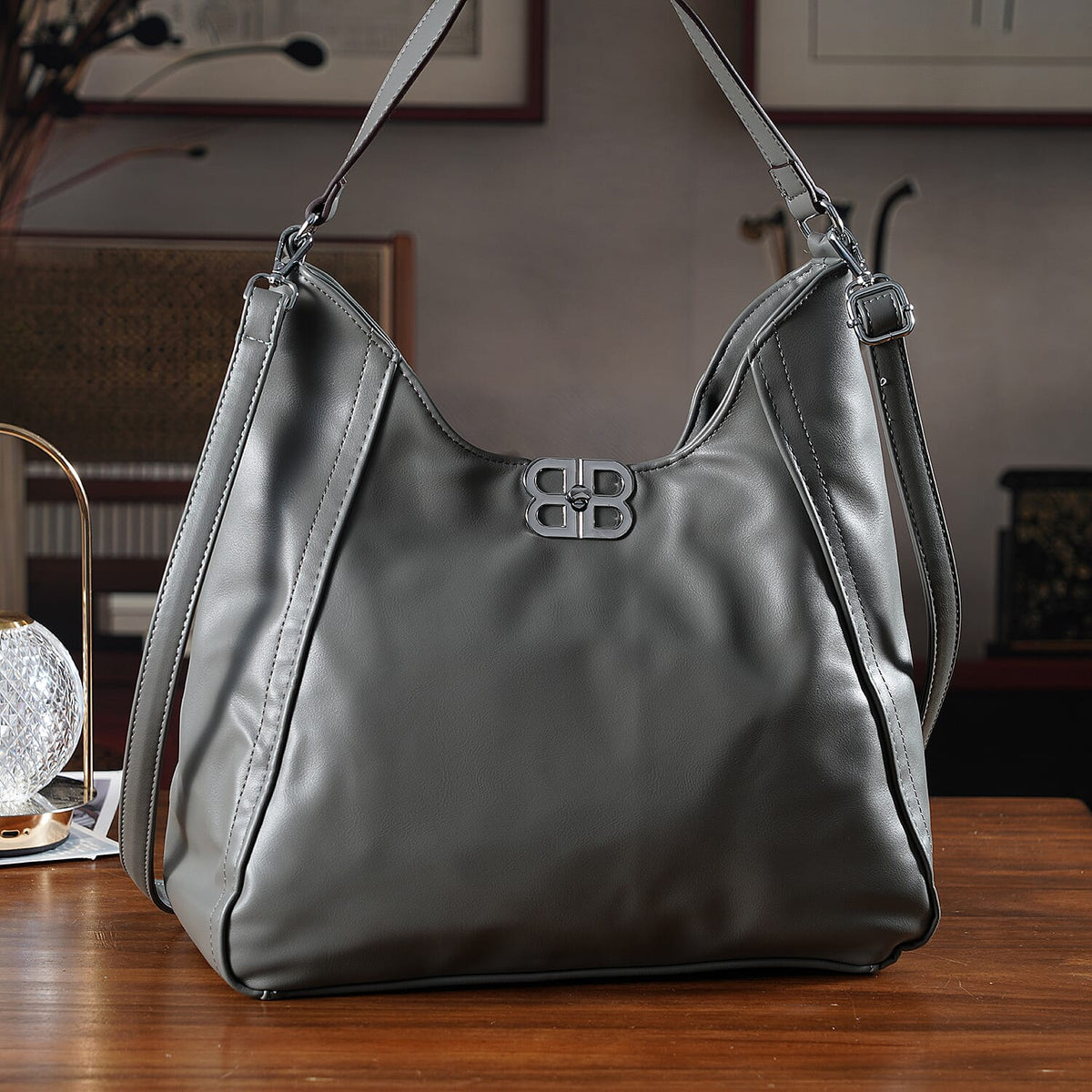Leatherette Hobo Bag with Adjustable Shoulder Strap - Grey V32576592 2