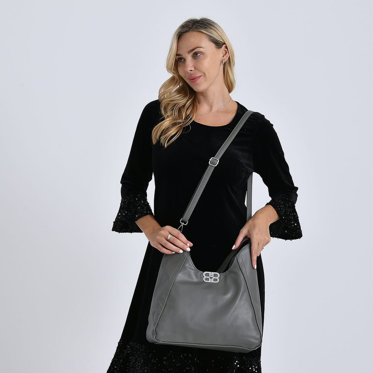 Leatherette Hobo Bag with Adjustable Shoulder Strap - Grey V32576592 3