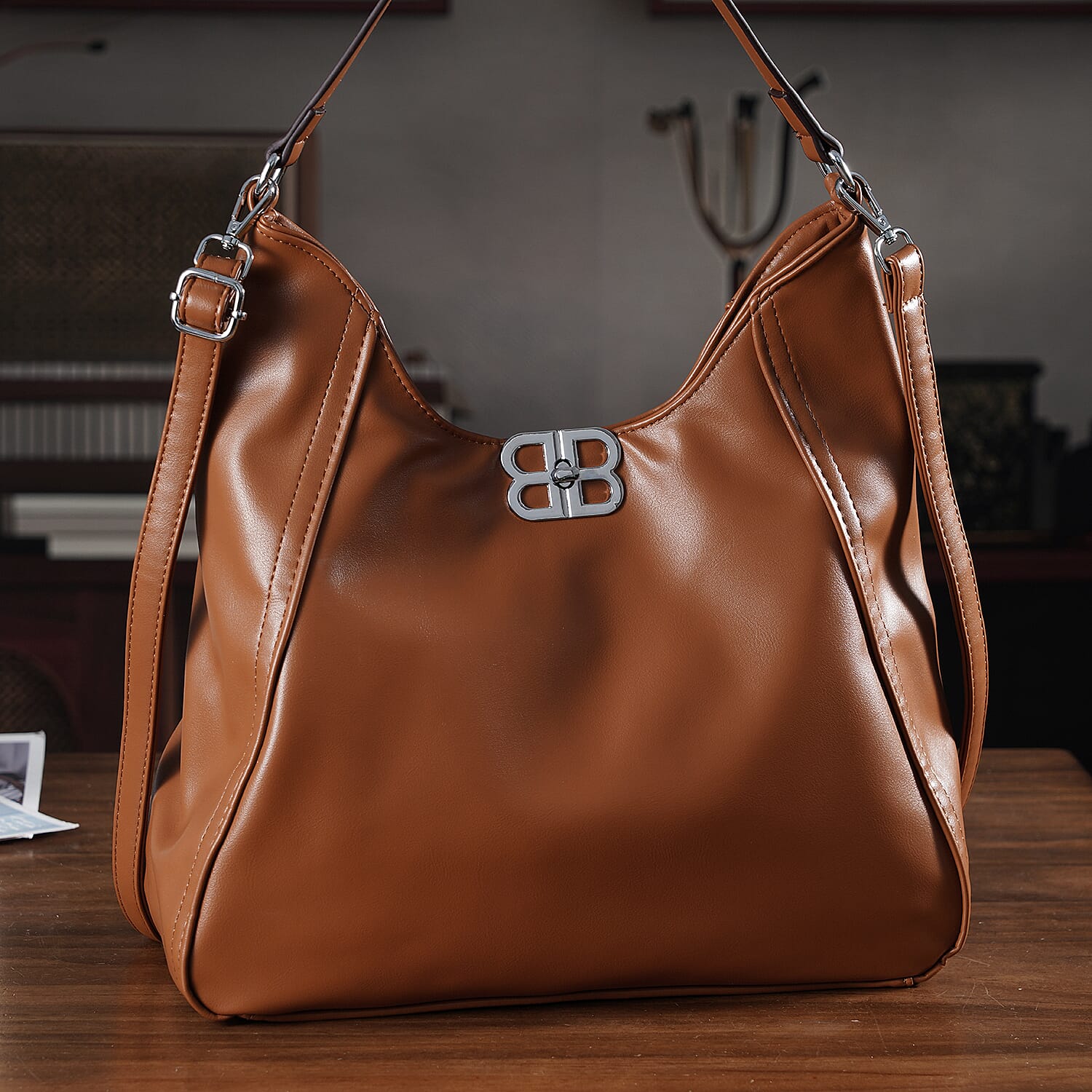 Leatherette Hobo Bag with Adjustable Shoulder Strap - Tan V32518722 2