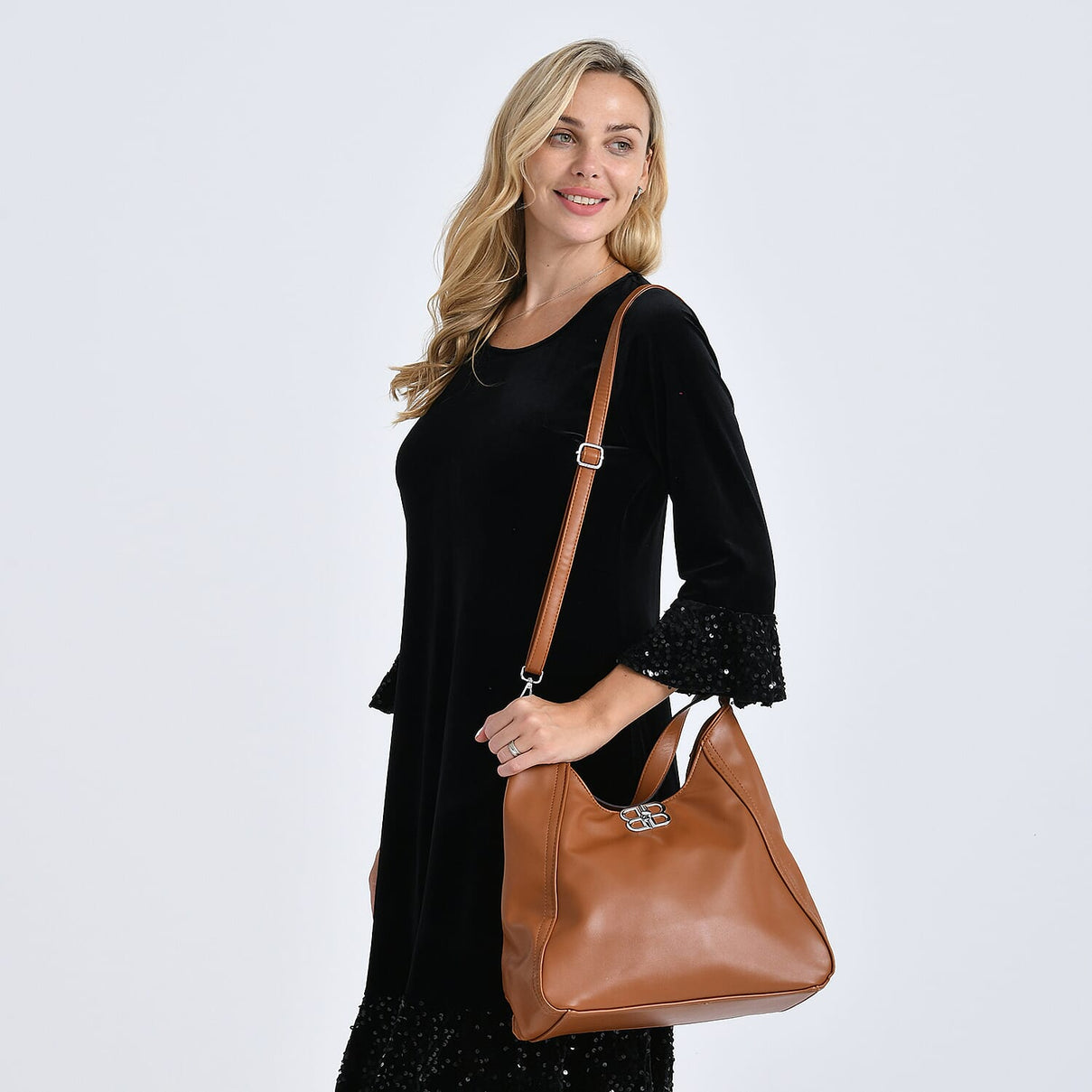 Leatherette Hobo Bag with Adjustable Shoulder Strap - Tan V32518722 3