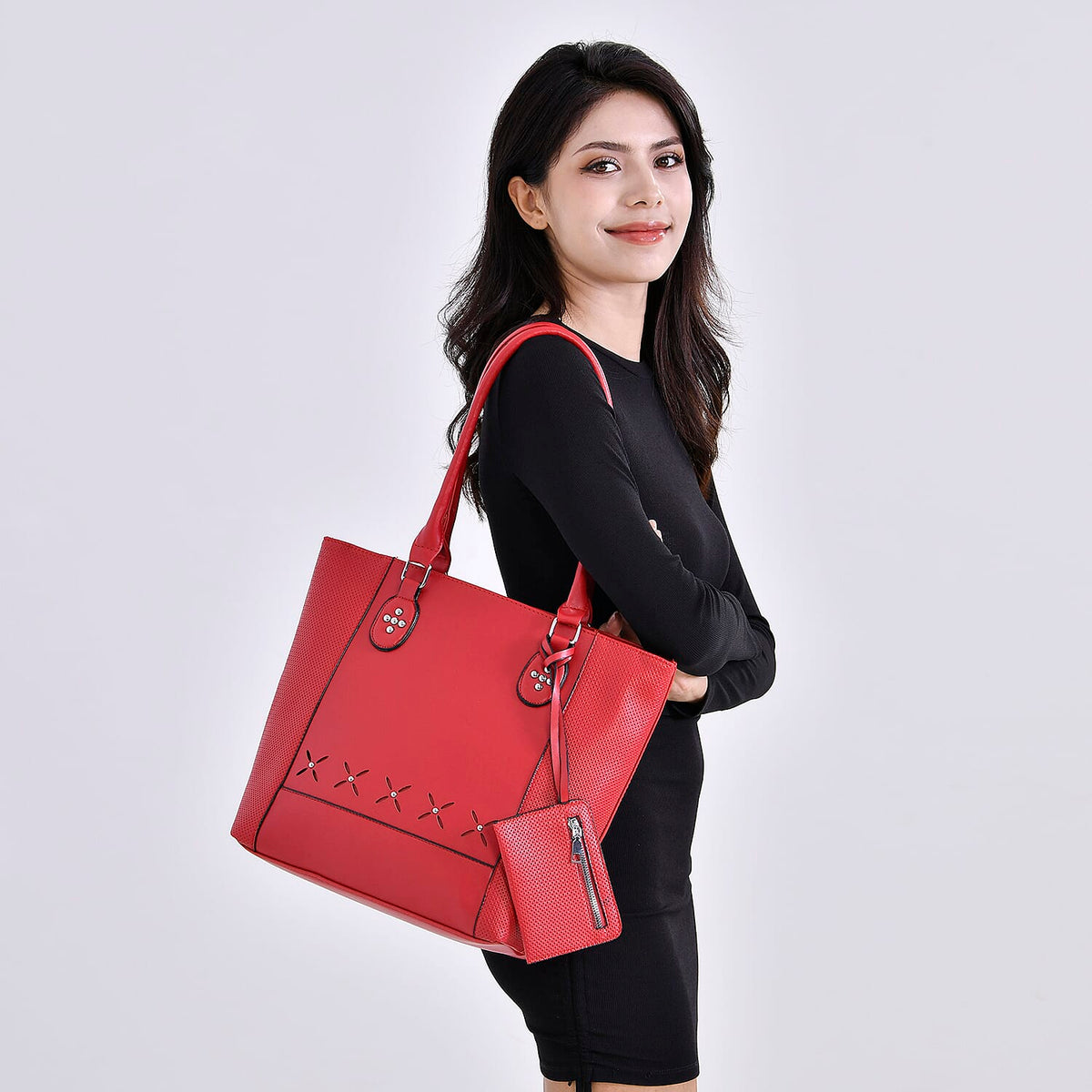 PU Leaf Tote Bag (Size 30x13x31 cm) - Red &amp; Black 7673244 1