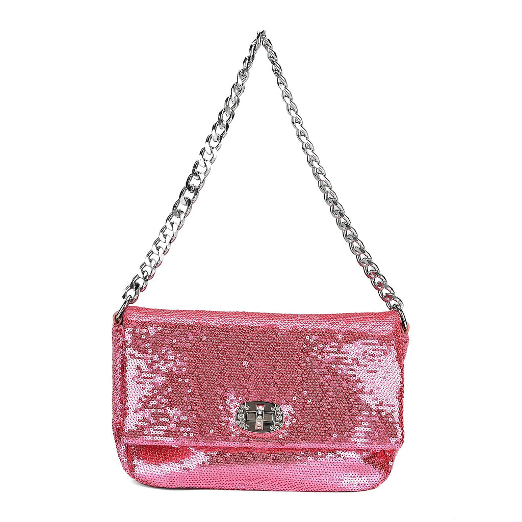 Leatherette Sequin Crossbody Bag with 2 Metal Chain - Pink
