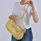 Leatherette Weave Pattern Crossbody Bag - Gold