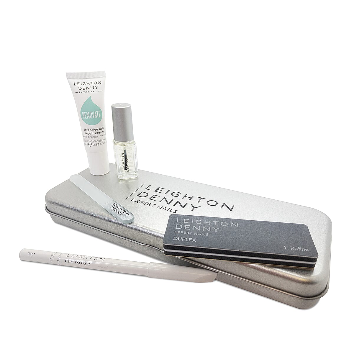 Leighton Denny: Nail Class Collection (Incl. lRenovate Nail Treatment with Duplex Buffer, White Pencil Hoof Stick, Travel Crystal Nail File, Slick Tips Nail and Cuticle Oil - 4.6ml) 4027690 0
