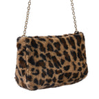 Leopard Pattern Faux Fur Shoulder Bag with Metal Chain - Black and White