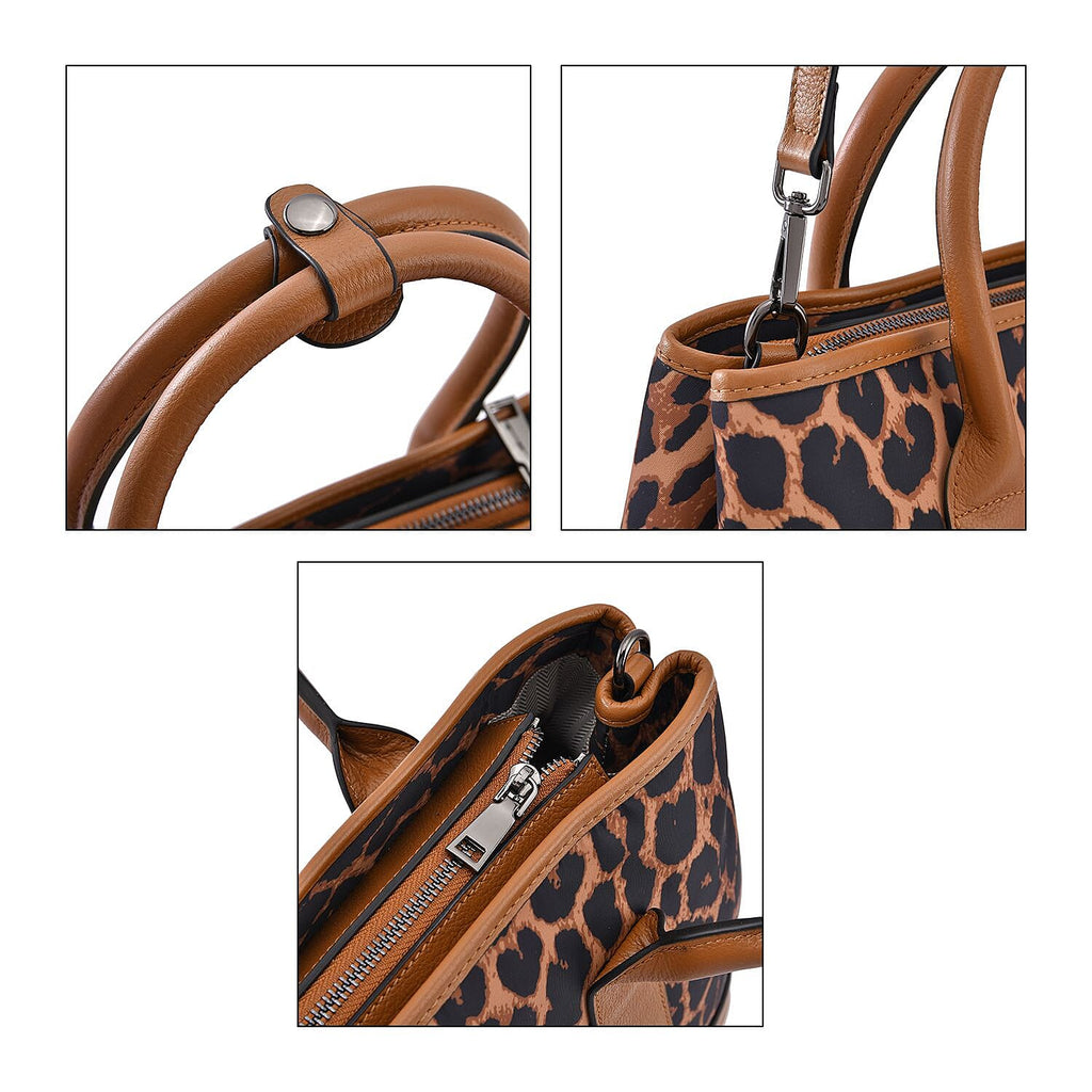 Leopard Pattern Genuine Leather Bag with Detachable Long Strap (Size 33x28x14 Cm) - Beige & Black