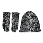 Leopard Print Benie Hat and Gloves Set - Black