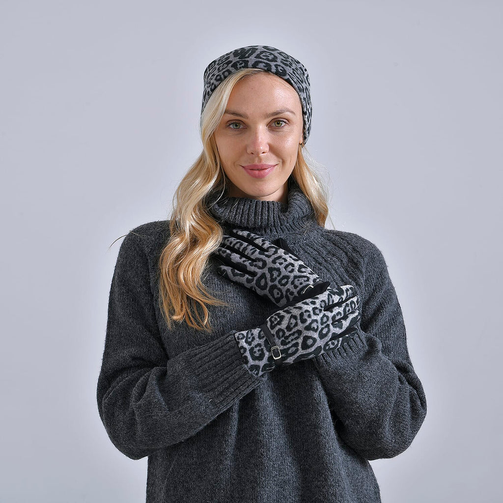 Leopard Print Benie Hat and Gloves Set - Black
