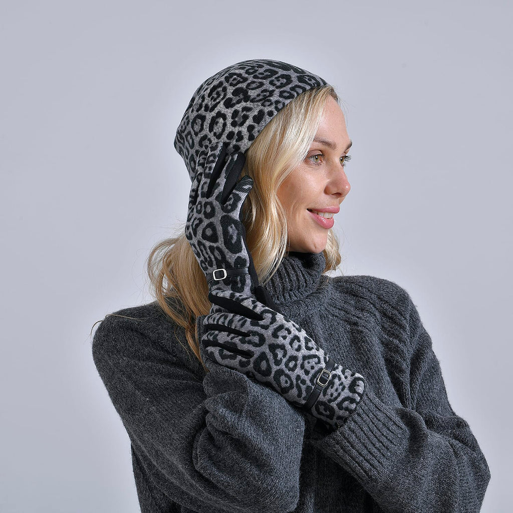 Leopard Print Benie Hat and Gloves Set - Black