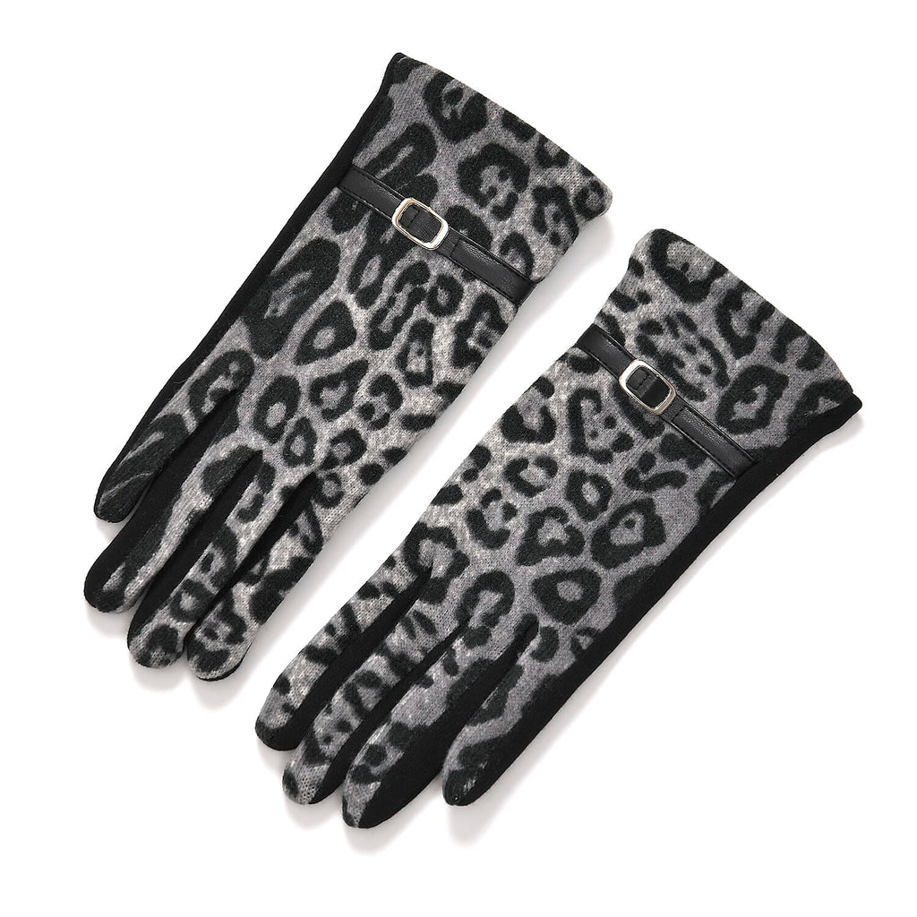 Leopard Print Benie Hat and Gloves Set - Black