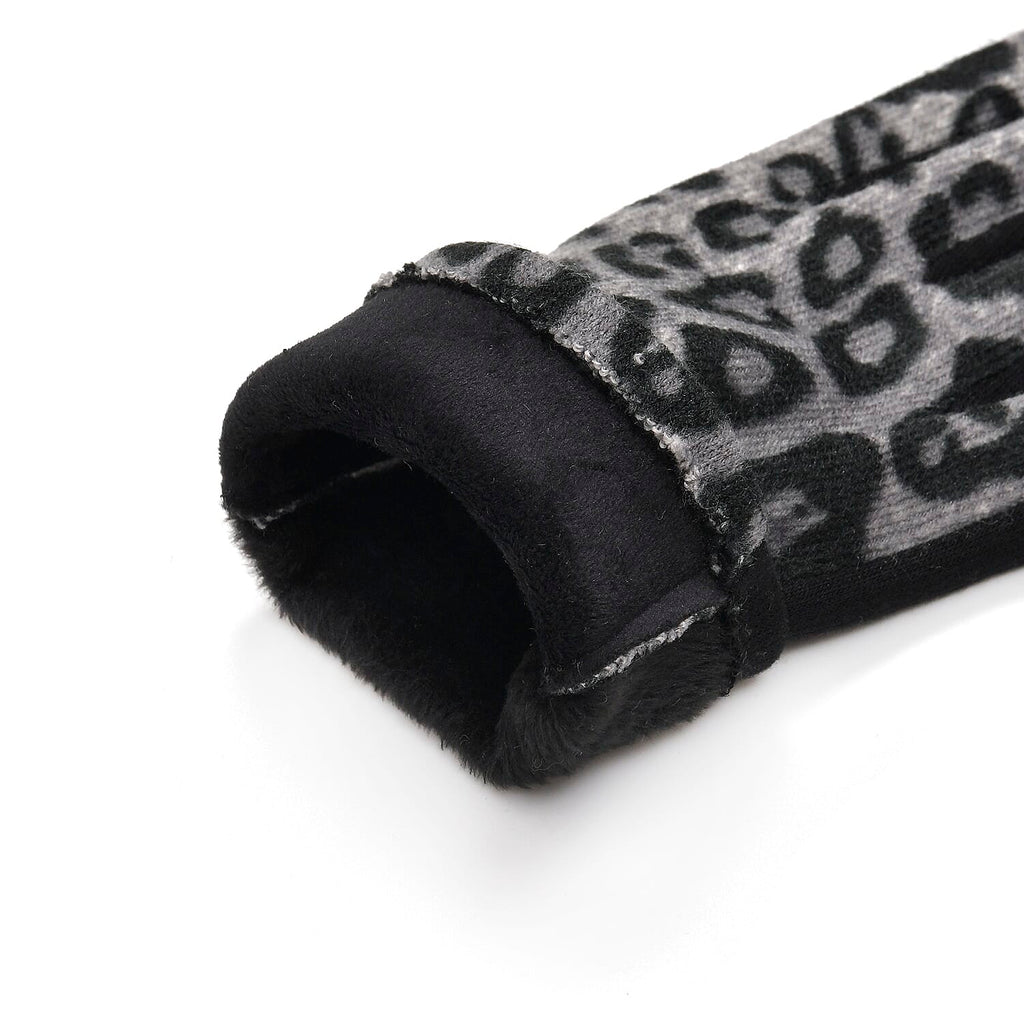Leopard Print Benie Hat and Gloves Set - Black
