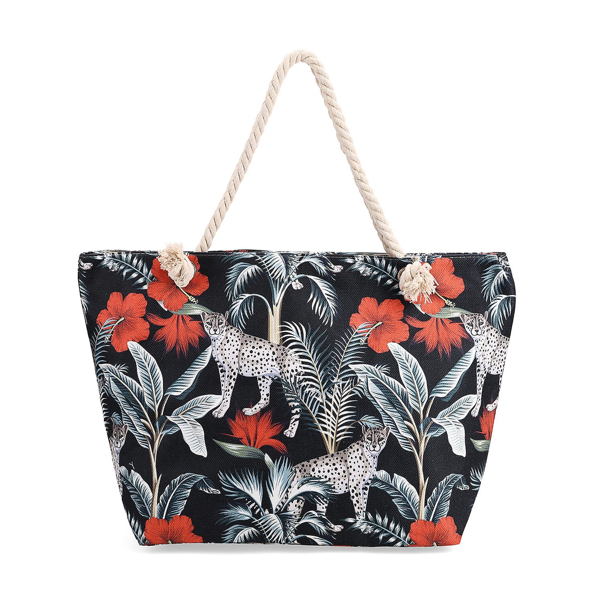 Leopard &amp; Flower Pattern Tote Bag with Rope Handles - Black &amp; White 8087783 0
