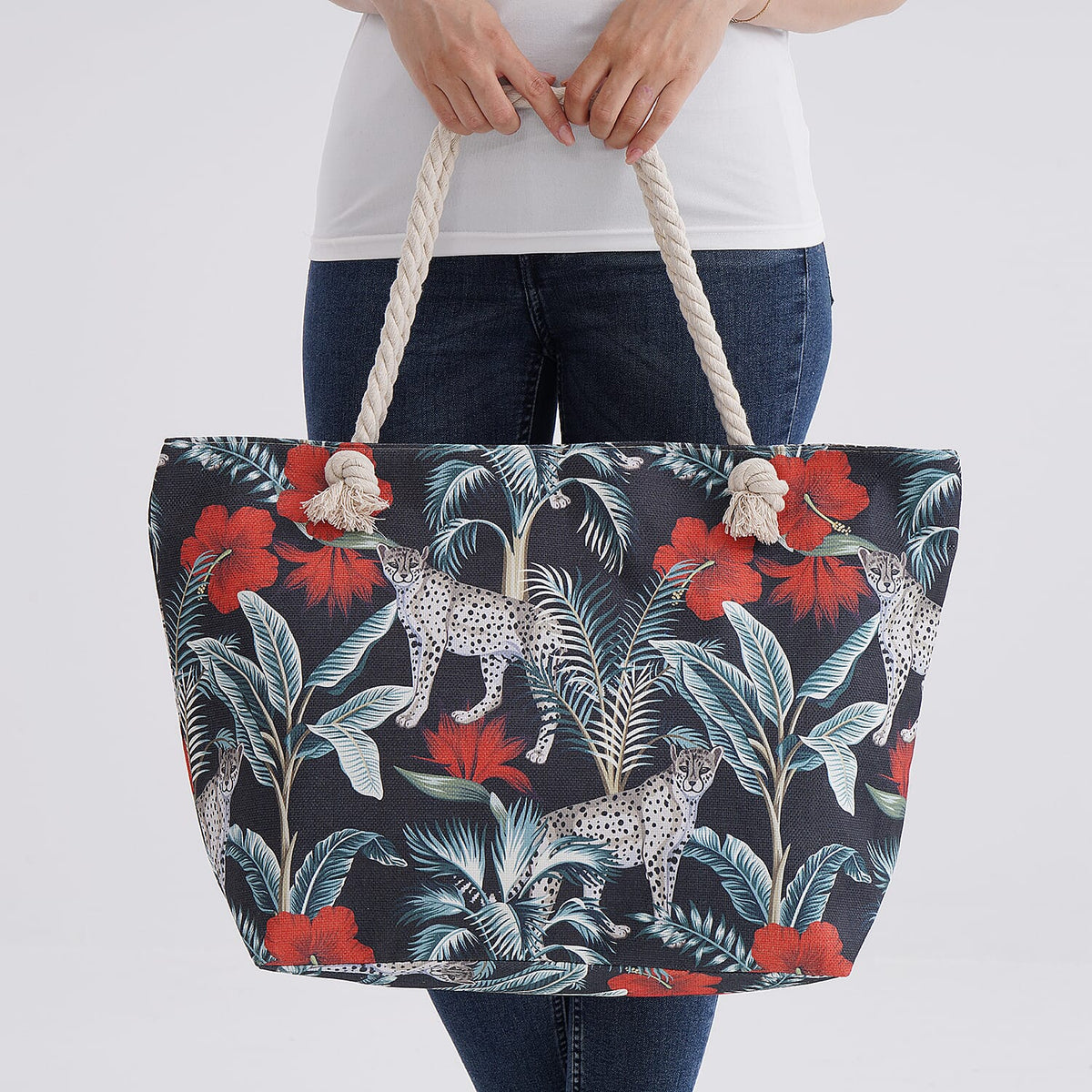 Leopard &amp; Flower Pattern Tote Bag with Rope Handles - Black &amp; White 8087783 3