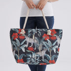 Leopard & Flower Pattern Tote Bag with Rope Handles - Black & White